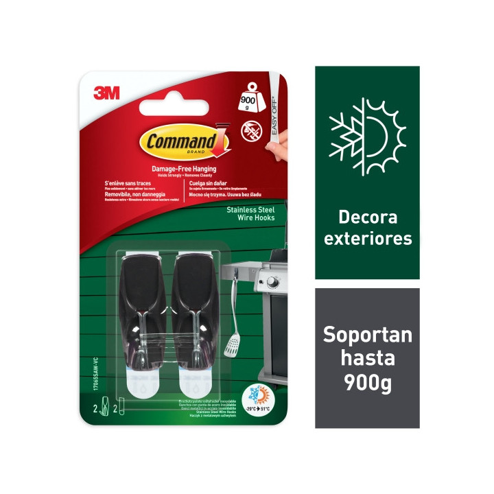 Command Pack de 2 Ganchos para Exterior - 2 Tiras Adhesivas - Soporta hasta 0.9kg - Punta Metalizada - Color Negro