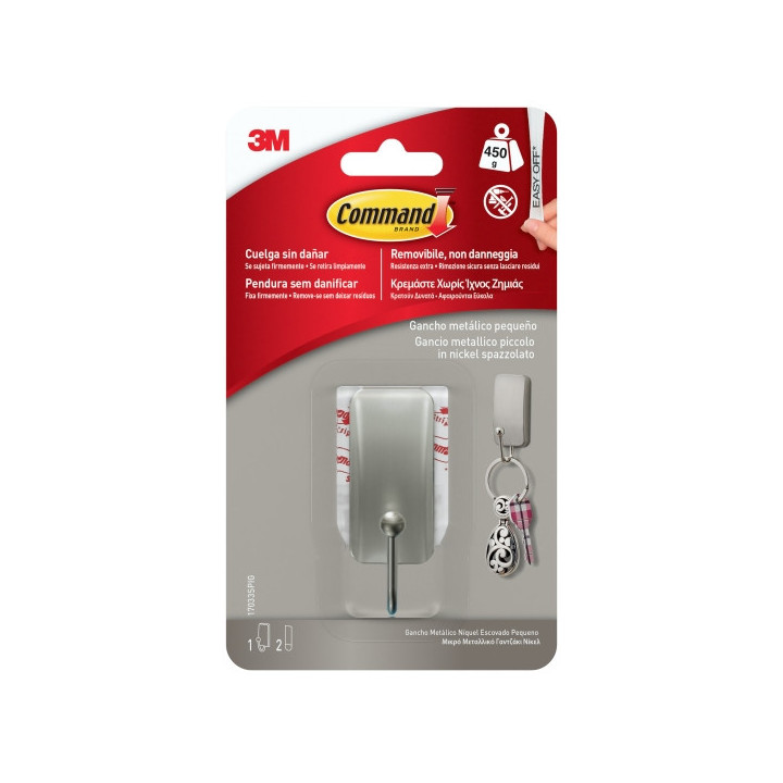 Command Gancho Compacto - Talla S - 2 Tiras Adhesivas - Soporta hasta 450G - Color Niquel Pulido