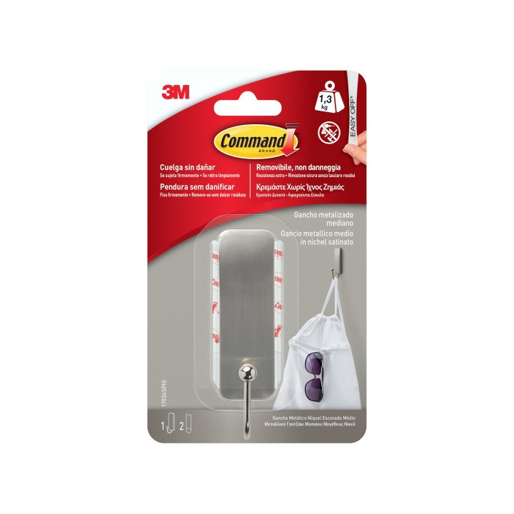 Command Gancho Mediano Color Niquel Pulido - 2 Tiras Adhesivas - Color Niquel Pulido