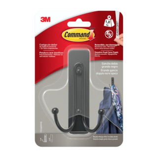 Command Gancho Doble Grande - 1 Tira Adhesiva - Soporta hasta 1.8kg - Color Negro