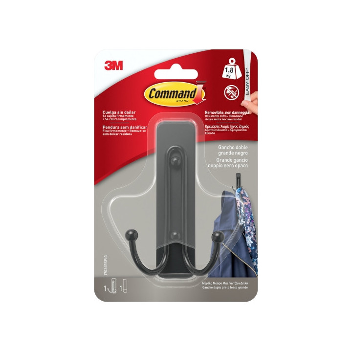 Command Gancho Doble Grande - 1 Tira Adhesiva - Soporta hasta 1.8kg - Color Negro