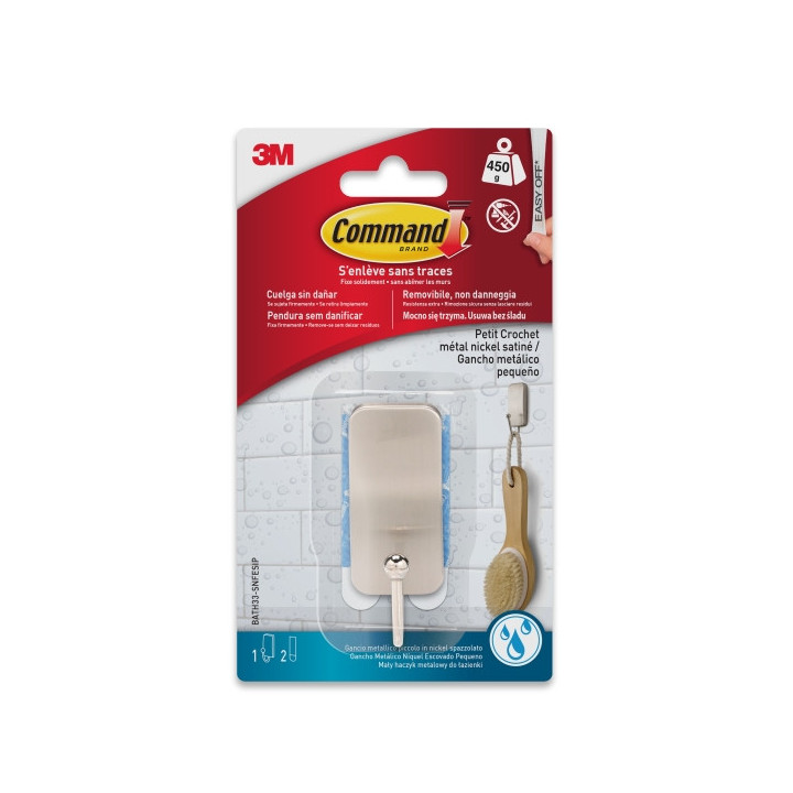Command Gancho Compacto para Aseo - Resistente al Agua - 1 Unidad - 2 Tiras Adhesivas - Soporta hasta 450G - Talla S - Color N