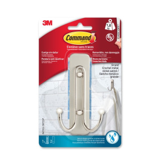 Command Gancho Doble Grande para Aseo - 2 Tiras Adhesivas - Soporta hasta 1.8kg - Color Niquel Satinado