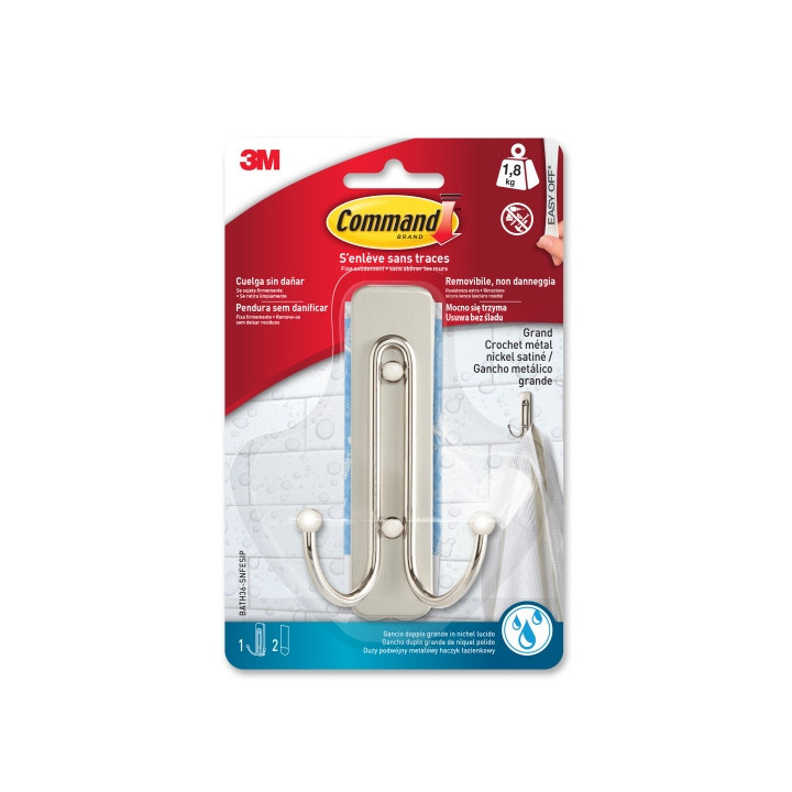 Command Gancho Doble Grande para Aseo - 2 Tiras Adhesivas - Soporta hasta 1.8kg - Color Niquel Satinado