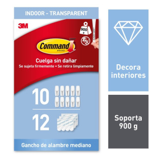 Command Pack de 10 Ganchos Mediano - 12 Tiras Adhesivas - Punta Metalica - Soporta hasta 0.9kg - Uso en Interior - Color Transp