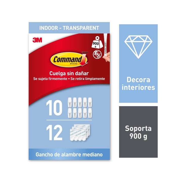 Command Pack de 10 Ganchos Mediano - 12 Tiras Adhesivas - Punta Metalica - Soporta hasta 0.9kg - Uso en Interior - Color Transp