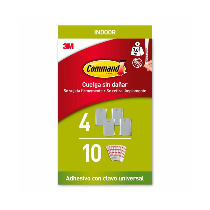 Command Universal Soporte Adhesivo con Clavo para Colgar - 4 Ganchos - 10 Tiras - Grande - Soporta hasta 3.6kg - Color Gris