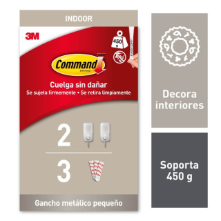 Command Pack de 2 Ganchos Compactos - Talla S - 3 Tiras Adhesivas - Soporta hasta 450G - Color Niquel