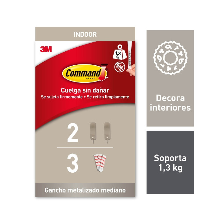 Command Pack de 2 Ganchos Medianos - 3 Tiras Adhesivas - Soporta hasta 1.3kg - Color Niquel