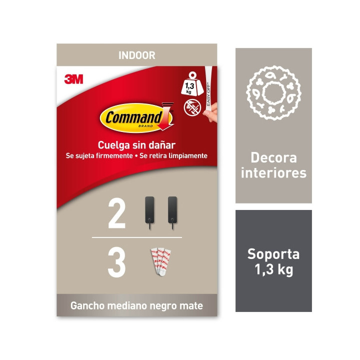 Command Pack de 2 Ganchos Medianos - 3 Tiras Adhesivas - Soporta hasta 1.3kg - Color Negro Mate