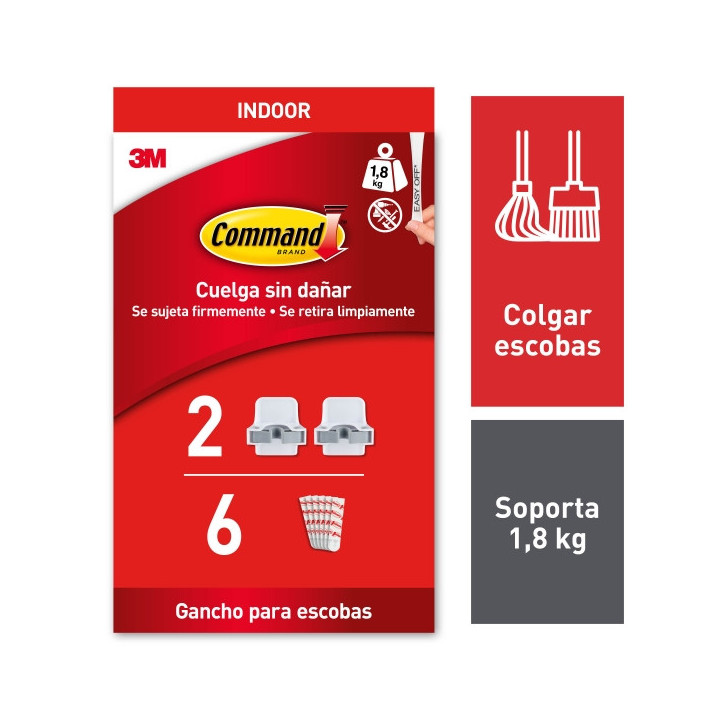 Command Soporte de Pared para Escoba - 6 Pack de 2 Tiras Adhesivas - Soporta hasta 1.8kg - Color Blanco