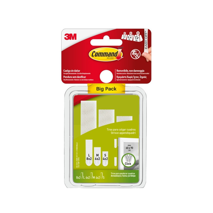 Command Pack de 36 Tiras Adhesivas para Colgar Cuadros - 8 Pares L + 6 Paresm + 4 Pares S - Soporta hasta 7.2kg - Color Blanco