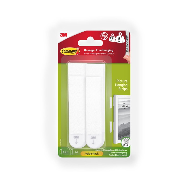 Command Pack de 24 Tiras Adhesivas para Objetos Pesados - 4 Pares L + 8 Pares XL - Soporta hasta 9kg - Color Blanco