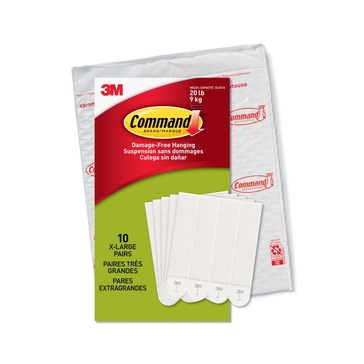 Command Pack de 20 Tiras Adhesivas para Objetos Pesados - 10 Pares XL - Soporta hasta 9kg - Color Blanco