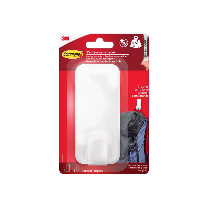 Command Gancho para Objetos Pesados - 2 Tiras Adhesivas - Extragrande - Soporta hasta 4.5kg - Color Blanco