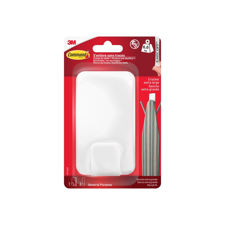 Command Gancho para Objetos Pesados - 3 Tiras Adhesivas - Extragrande - Soporta hasta 6.8kg - Color Blanco