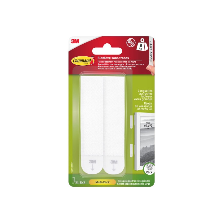 Command Pack de 16 Tiras Adhesivas para Objetos Pesados - 8 Pares XL - Soporta hasta 9kg - Color Blanco