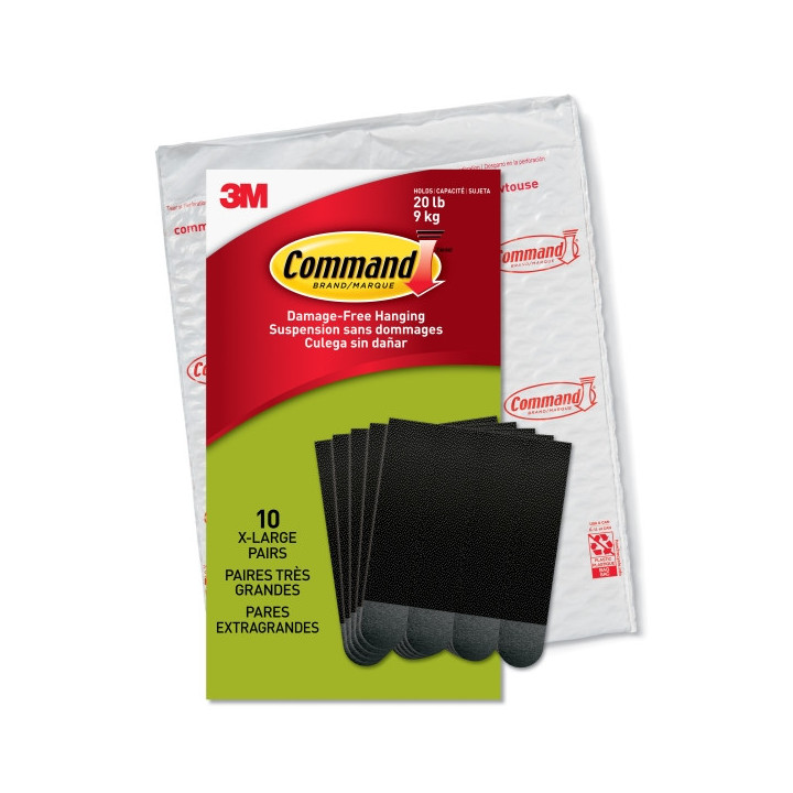 Command Pack de 20 Tiras Adhesivas para Objetos Pesados - 9kg - 10 Pares XL - Soporta hasta 9kg - Color Negro