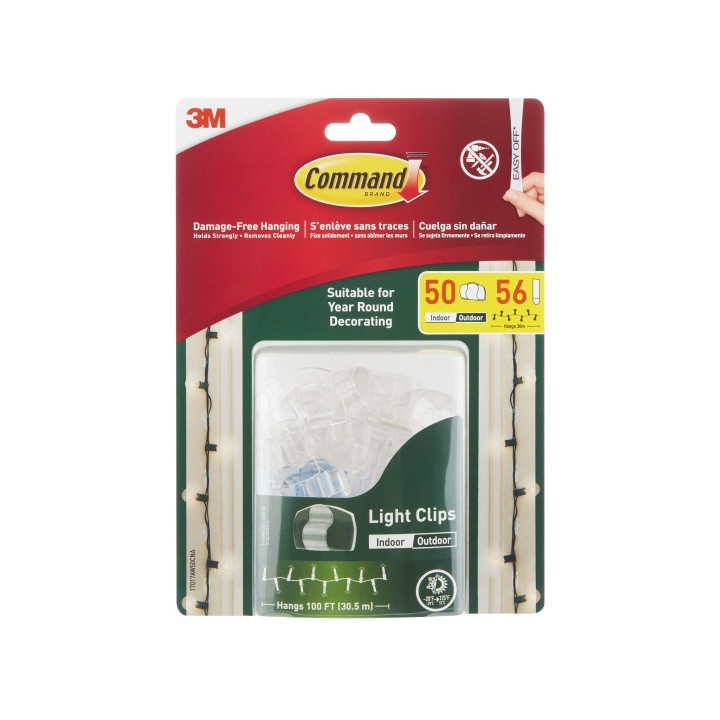 Command Pack de 50 Ganchos para Luces - Sujeccion de Clip - 56 Tiras Adhesivas - Color Transparente