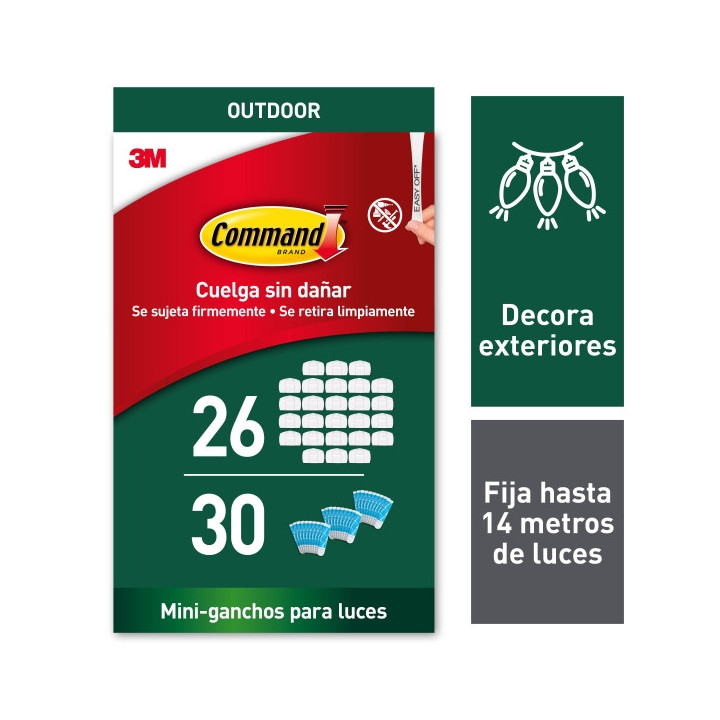 Command Pack de 26 Ganchos para Luces - Sujeccion de Clip - 30 Tiras Adhesivas - Color Blanco
