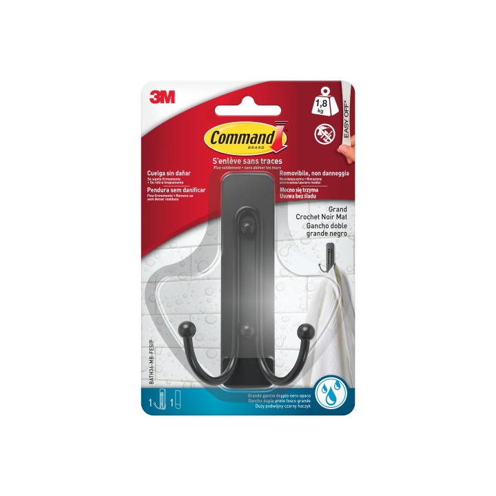 Command Gancho Doble Grande para Aseo - Resistente al Agua - 1 Tira Adhesiva - Soporta hasta 1.8kg - Color Negro Mate