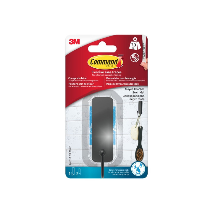 Command Gancho Medianos para Aseo - 2 Tiras Adhesivas - Resistente al Agua - Soporta hasta 1.3kg - Color Negro Mate