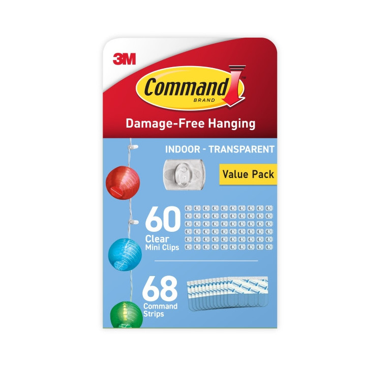 Command Clip Mini Pack de 60 Ganchos para Cable - 68 Tiras Adhesivas - Uso en Interior - Retirada Sin Deteriorar la Superficie