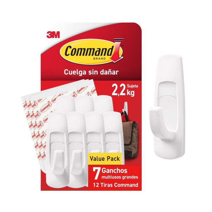 Command Pack de 7 Ganchos Grandes - 12 Tiras Adhesivas - Soporta hasta 2.2kg - Color Blanco