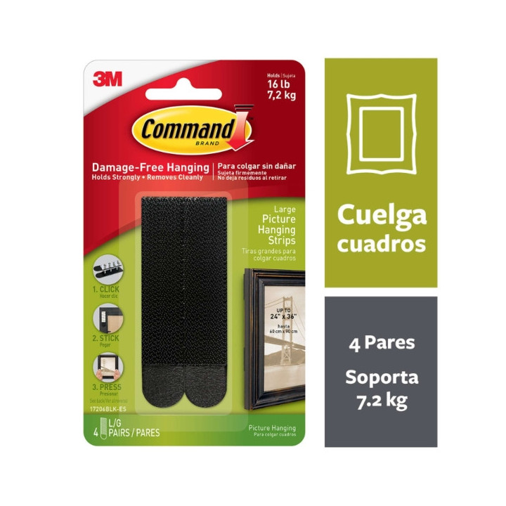 Command Pack de 8 Tiras Adhesivas para Colgar Cuadros - 4 Pares L - Soporta hasta 7.2kg - Color Negro