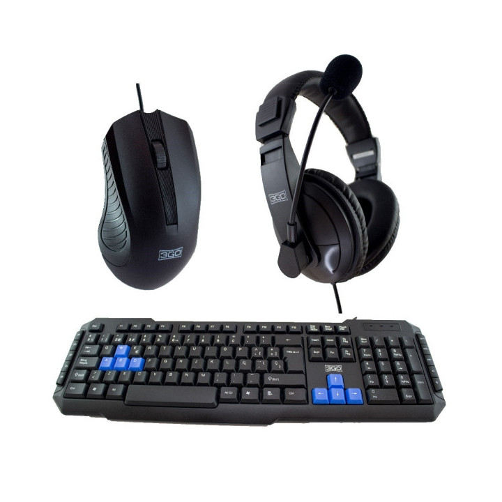 3Go Drile H2 Pack USB Teclado Multimedia + Raton 1000dpi 5 Botones + Auriculares con Microfono - Uso Ambidiestro - Color Negro