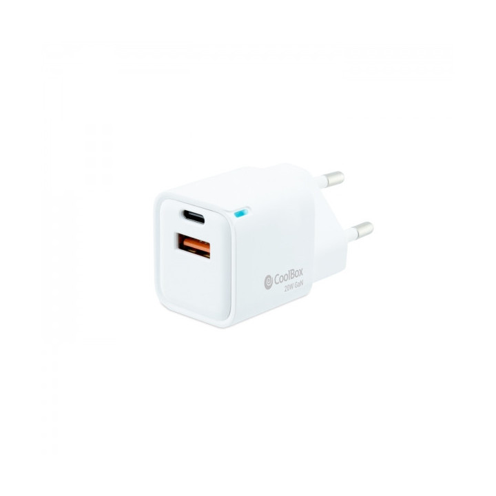 Coolbox Cargador de Pared 20W QC3.0 + PD - USB-A + USB-C - Carga Rapida - Tecnología GaN - Color Blanco