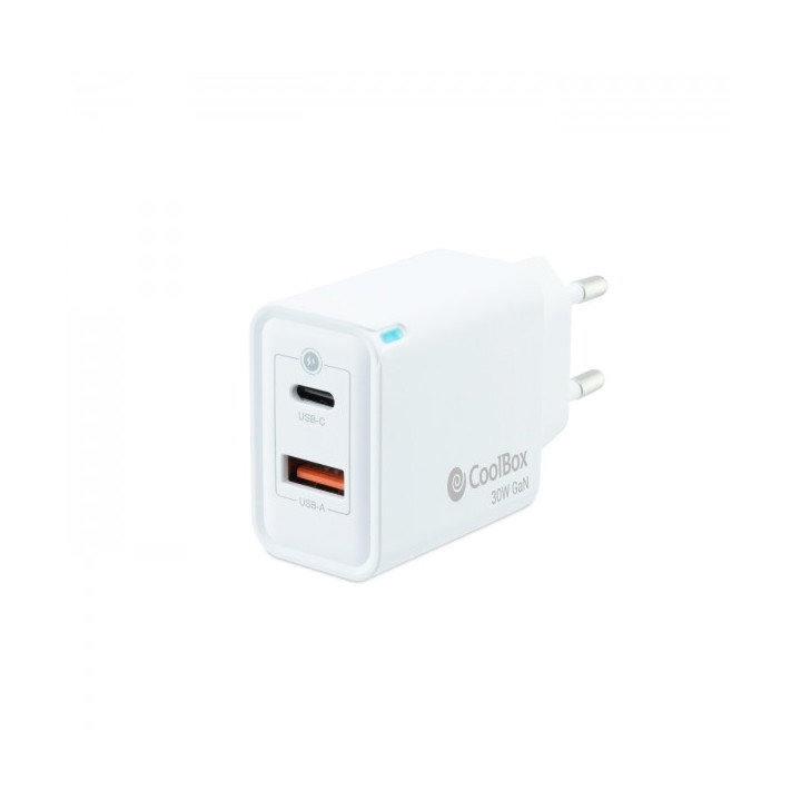 Coolbox Cargador de Pared 30W QC3.0 + PD - USB-A + USB-C - Carga Rapida - Tecnología GaN - Color Blanco