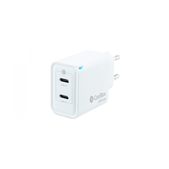 Coolbox Cargador de Pared 35W QC3.0 + PD - 2xUSB-C - Carga Rapida - Tecnología GaN - Color Blanco