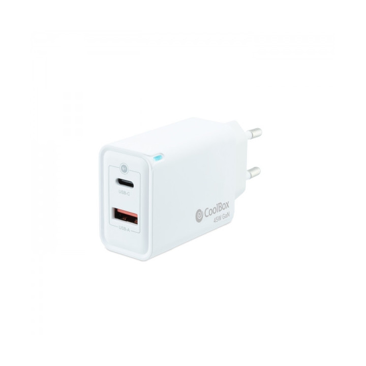 Coolbox Cargador de Pared 45W QC3.0 + PD - USB-A + USB-C - Carga Rapida - Tecnología GaN - Color Blanco