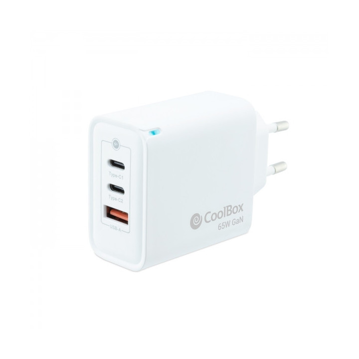 Coolbox Cargador de Pared 65W QC3.0 + PD - USB-A + 2xUSB-C - Carga Rapida - Tecnología GaN - Color Blanco