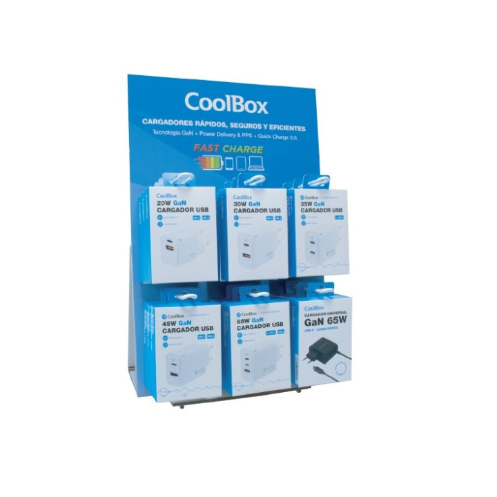 Coolbox Expositor con 18 Cargadores GaN - Quick Charge 3.0 - Power Delivery