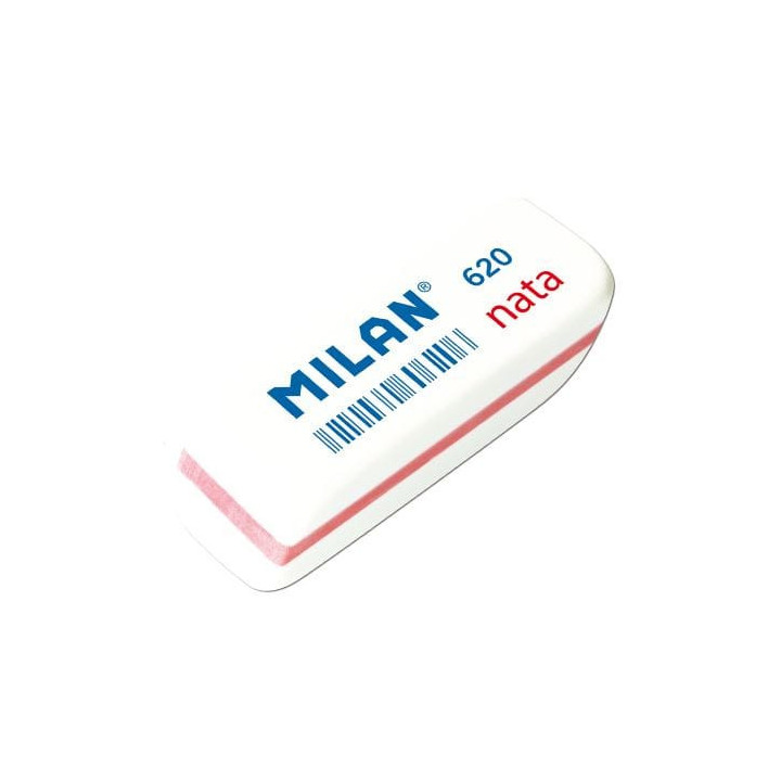 Milan Nata 620 Goma de Borrar Biselada Pequeña - Plastico Suave - No Abrasiva - Color Blanco con Ribete de Colores Surtidos