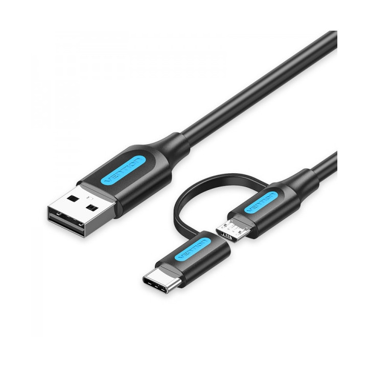 Vention Cable USB 2.0 Macho a MicroUSB+USB-C Macho - 0.5m - 3A 60W 480Mbps - Color Negro