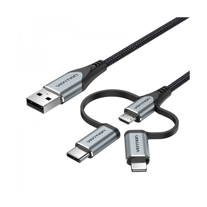 Vention Cable USB-A a USB-C/MicroUSB/Lightning Macho - 1m - Color Gris