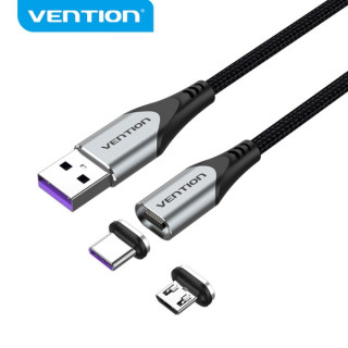 Vention Cable USB-A 2.0 Magnetico - Fichas Intercambiables USB-C y Micro USB - Carga Rapida 5A - Transmision 480Mbps - Color Gr