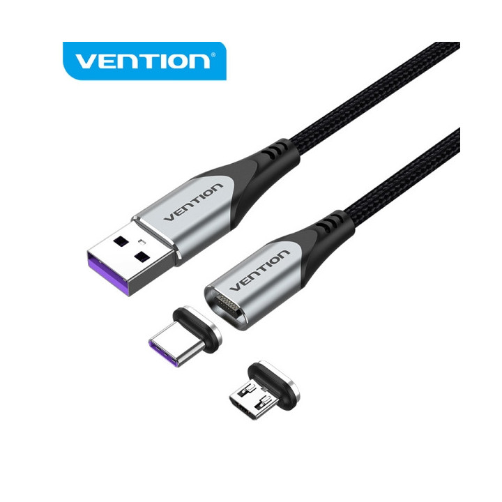 Vention Cable USB-A 2.0 Magnetico - Fichas Intercambiables USB-C y Micro USB - Carga Rapida 5A - Transmision 480Mbps - Color Gr