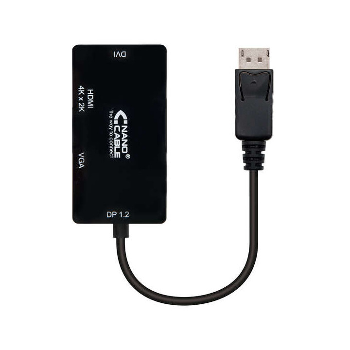 Nanocable Conversor Displayport a VGA / DVI / HDMI - 3 en 1 - DP 1.2/M-VGA/H-DVI/H-HDMI/H 4K - 15 cm - Color Negro