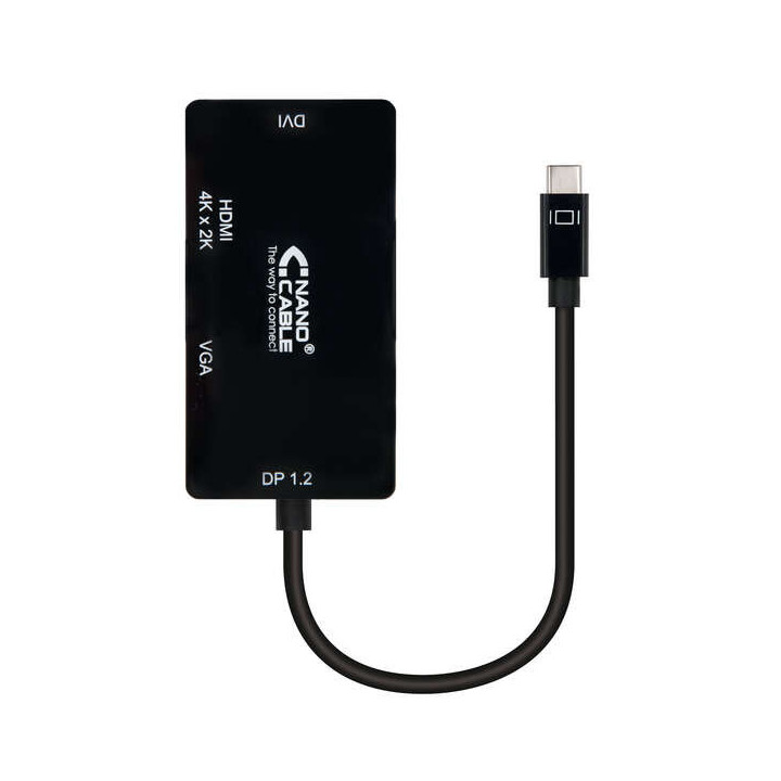 Nanocable Conversor USB-C a SVGA / DVI / HDMI - 3 en 1. USB-C/M-VGA/H-DVI/H-HDMI/H 4K - 10 cm - Color Negro
