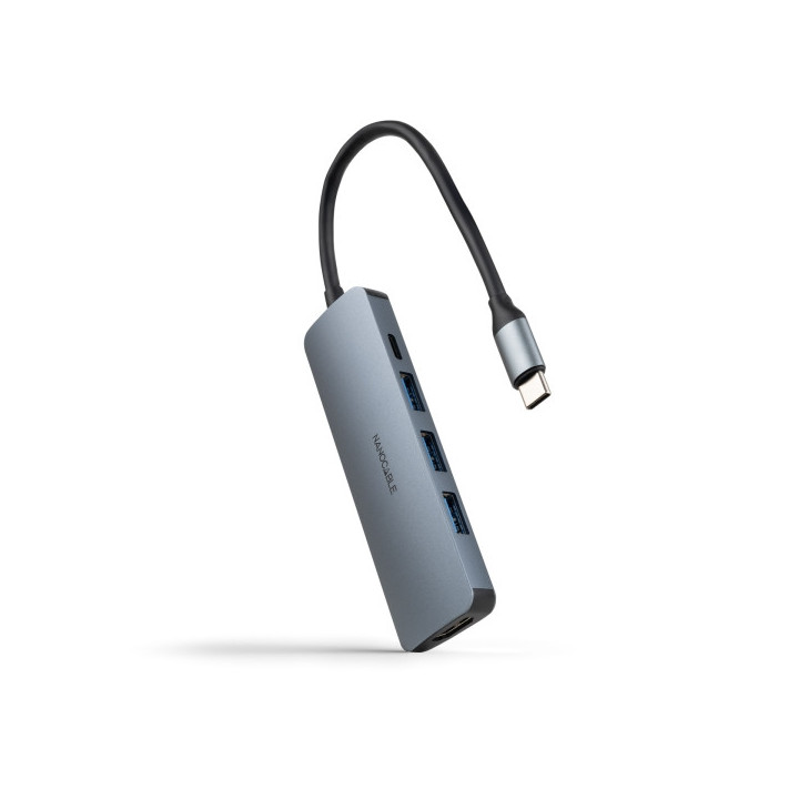 Nanocable HUB USB-C 5 en 1 - Conversor USB-C 3.1 a 3 x USB-A 3.0 + USB-C PD 100W + HDMI - Aluminio - 18cm - Color Gris