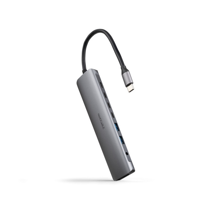 Nanocable HUB USB-C 8 en 1 - Conversor USB-C 3.1 a 2 x USB-A 3.0 + 3 x USB-C 3.0 + USB-C PD 100W + HDMI 4K@60Hz + Audio Jack 3.