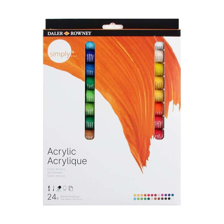 Daler Rowney Simply Pack de 24 Pinturas Acrilicas 12ml - Secado Rapido - Optima Cobertura - Mezclables - Colores Surtidos
