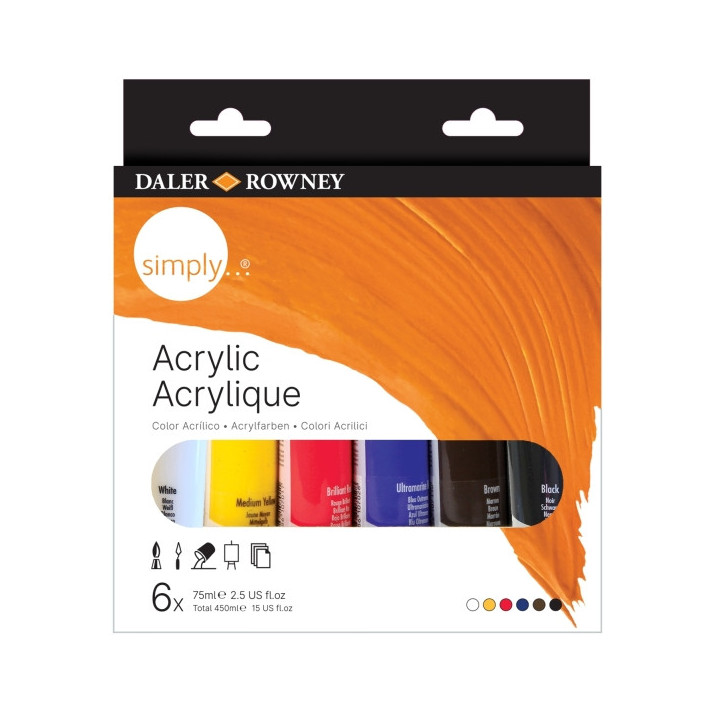 Daler Rowney Simply Pack de 6 Pinturas Acrilicas - Tubos de Plastico - 75ml - Colores Surtidos