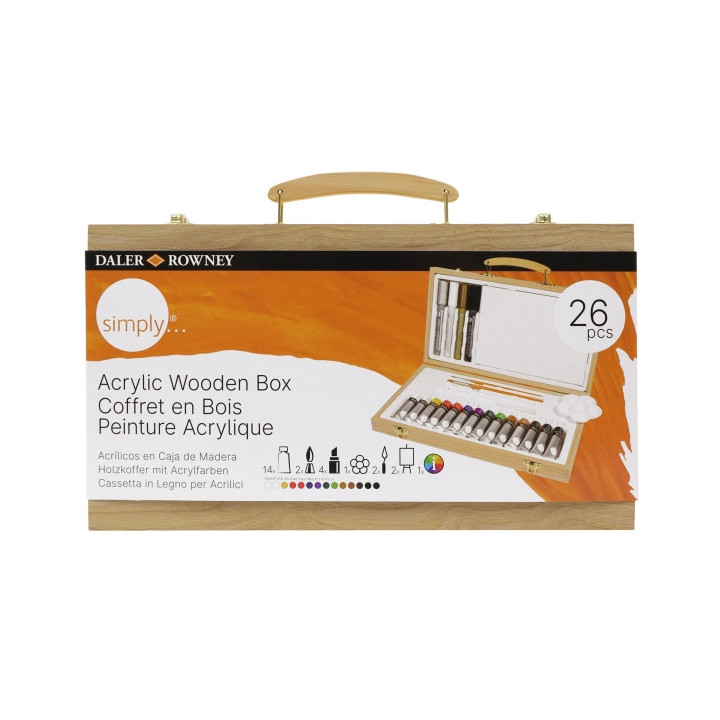 Daler Rowney Simply Pack de 26 Piezas - Pintura Acrilica - Caja de Madera - Colores Surtidos