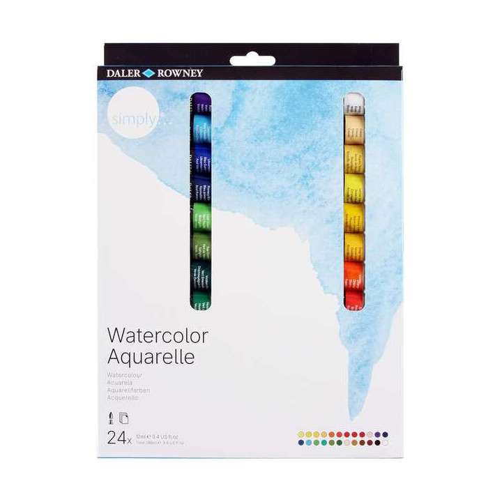 Daler Rowney Simply Pack de 24 Acuarelas 12ml - Se Humedecen Facilmente - Colores Surtidos