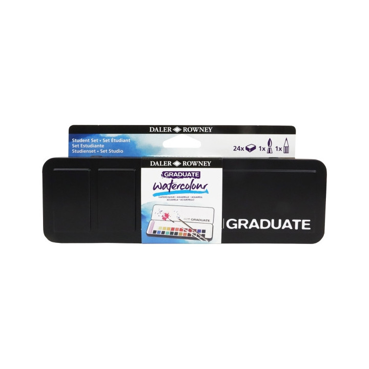 Daler Rowney Graduate Pack de 24 Acuarelas - Medio Godets - Incluye Pincel y Lapiz - Colores Surtidos